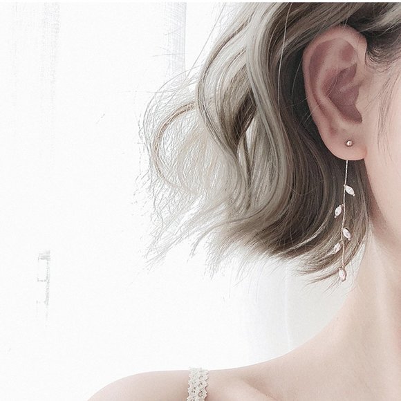 NEW Sterling Silver Diamond Leaf Drop Earrings - Picture 1 of 7